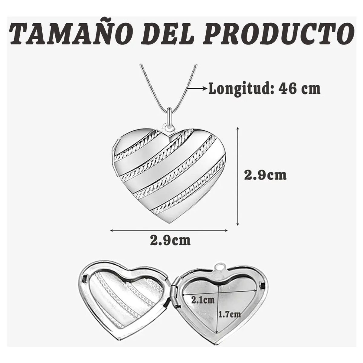 EINICIO - Collar Plateado Corazon Rayas Colgante Relicario Portafoto