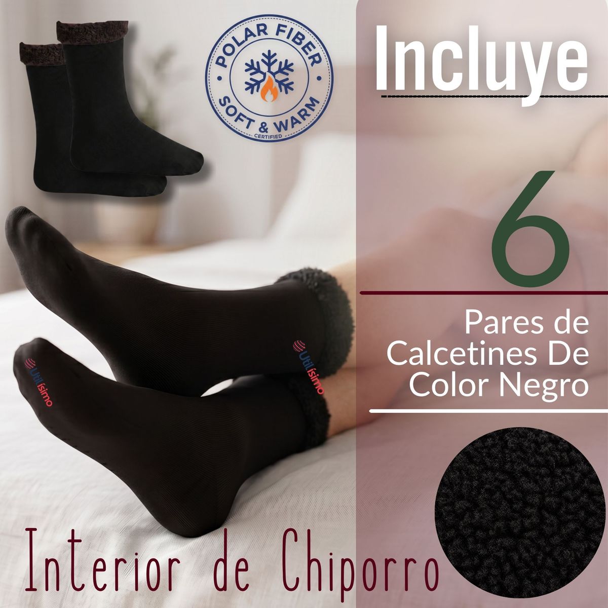 UTILISIMO - Pack 6 Pares Calcetines Chiporro Mujer Ultra Térmico Negro Invierno Polar