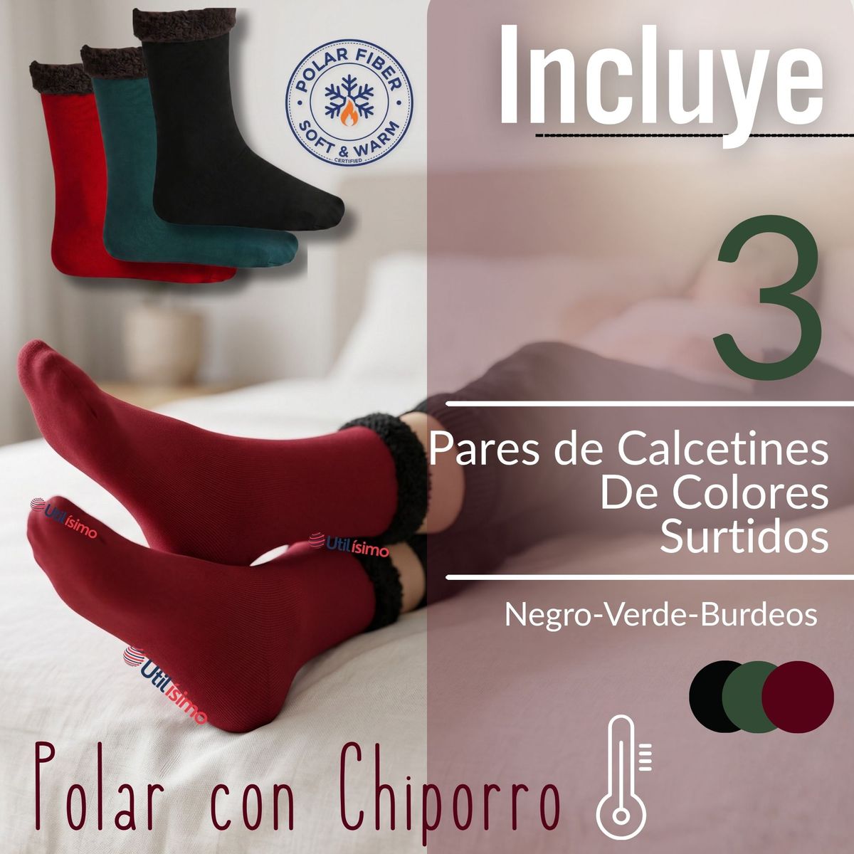 UTILISIMO - Pack 3 Calcetínes Chiporro Mujer Ultra Térmico Invierno Polar Surtido Unicolor