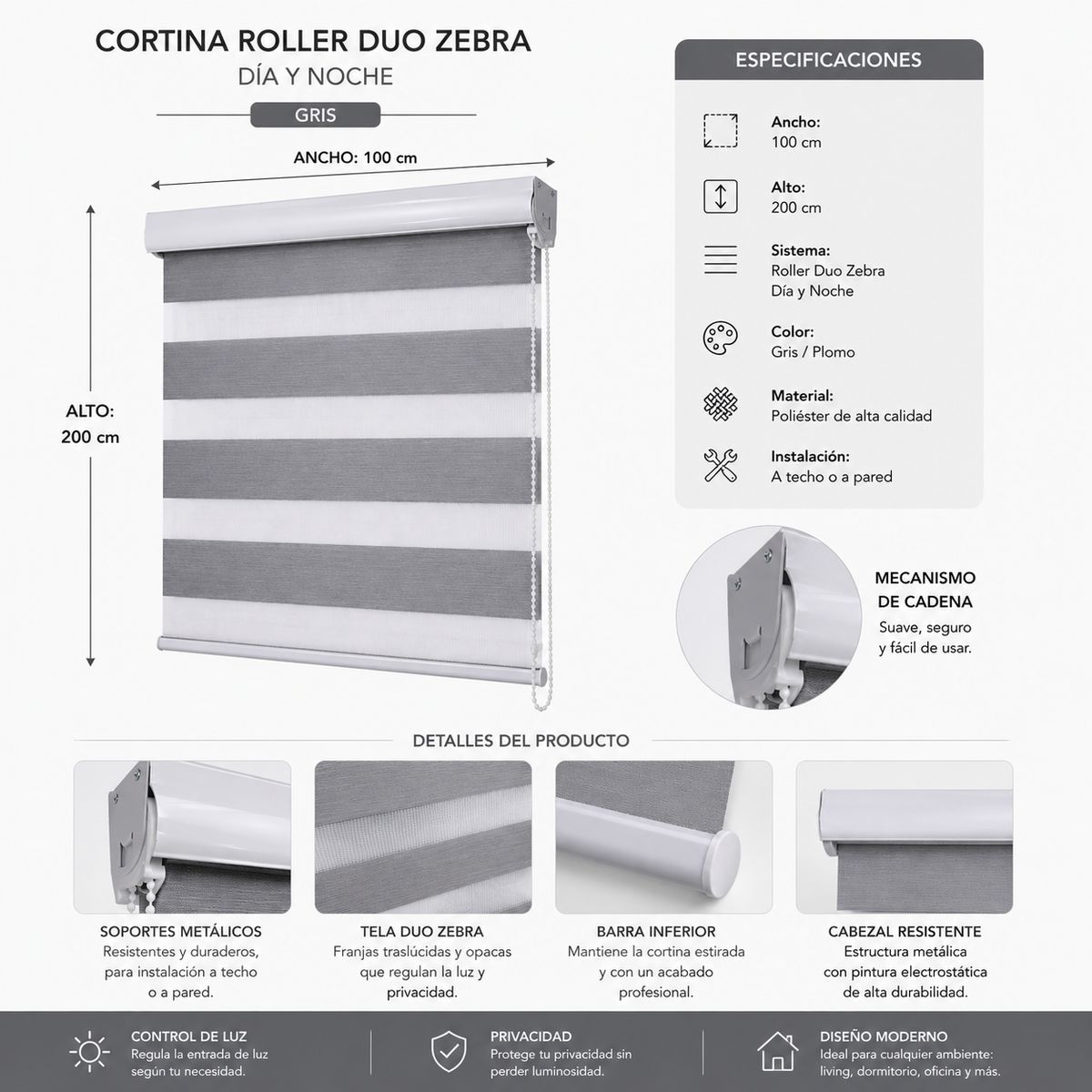 GENERICO - Cortina Roller Día Y Noche Duo Zebra Gris 100x200cm
