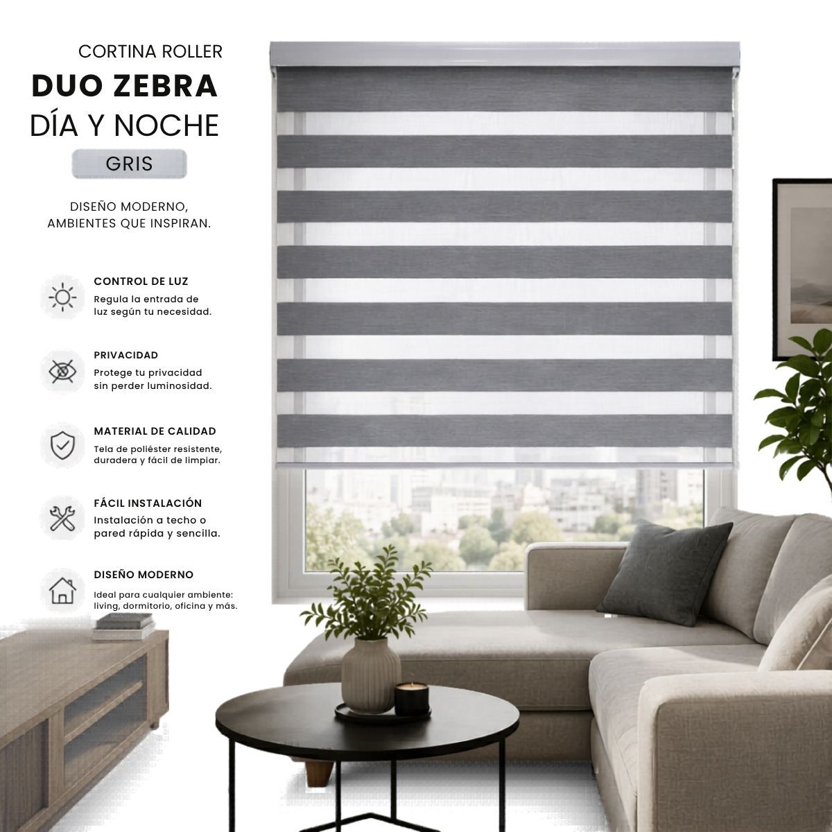GENERICO - Cortina Roller Día Y Noche Duo Zebra Gris 100x200cm