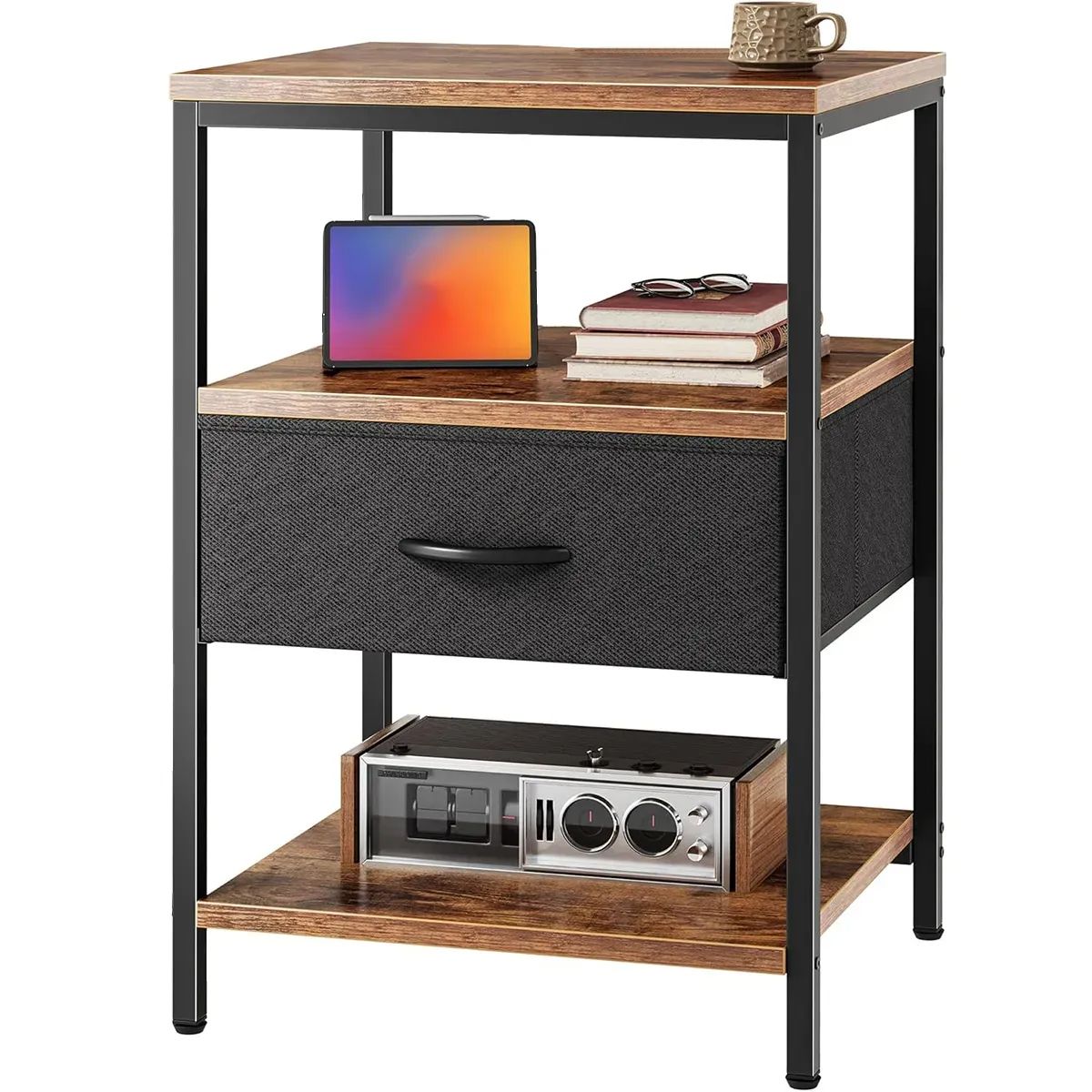 EVERSO - Velador 3 Niveles Con Cajón De Tela, Mesa Auxiliar Con Estante,mesita De Noche Para Dormitorio Y Sala De Estar