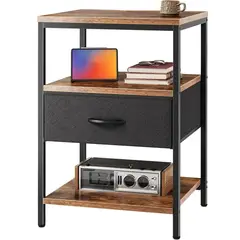EVERSO - Velador 3 Niveles Con Cajón De Tela, Mesa Auxiliar Con Estante,mesita De Noche Para Dormitorio Y Sala De Estar