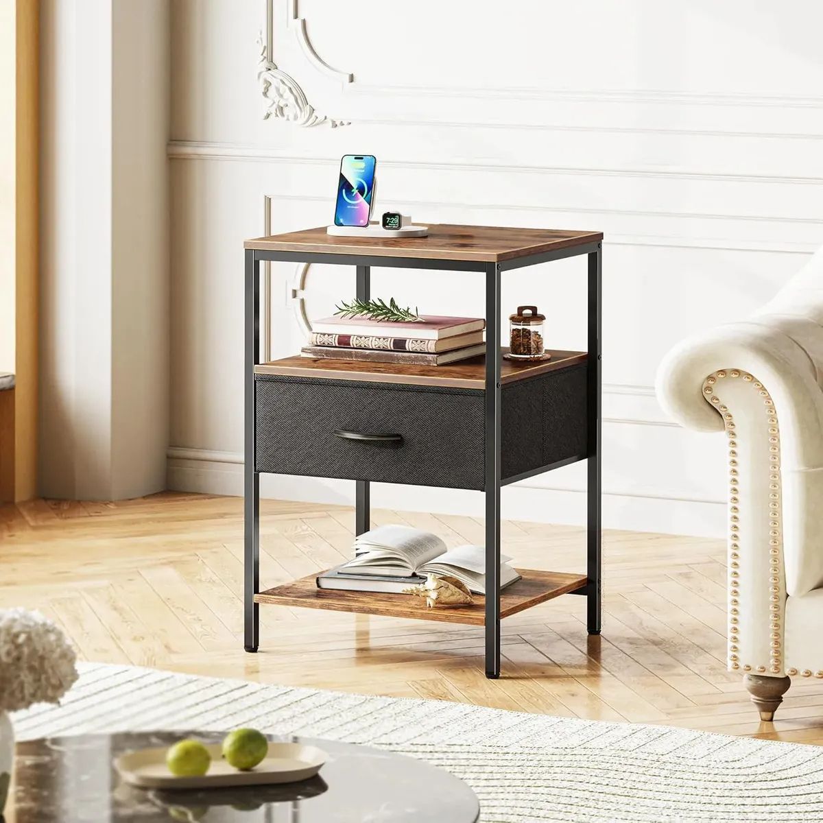 EVERSO - Velador 3 Niveles Con Cajón De Tela, Mesa Auxiliar Con Estante,mesita De Noche Para Dormitorio Y Sala De Estar
