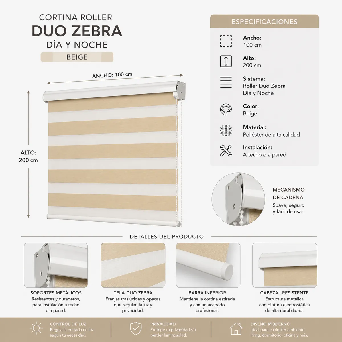 GENERICO - Cortina Roller Día Y Noche Duo Zebra Beige 100x200cm