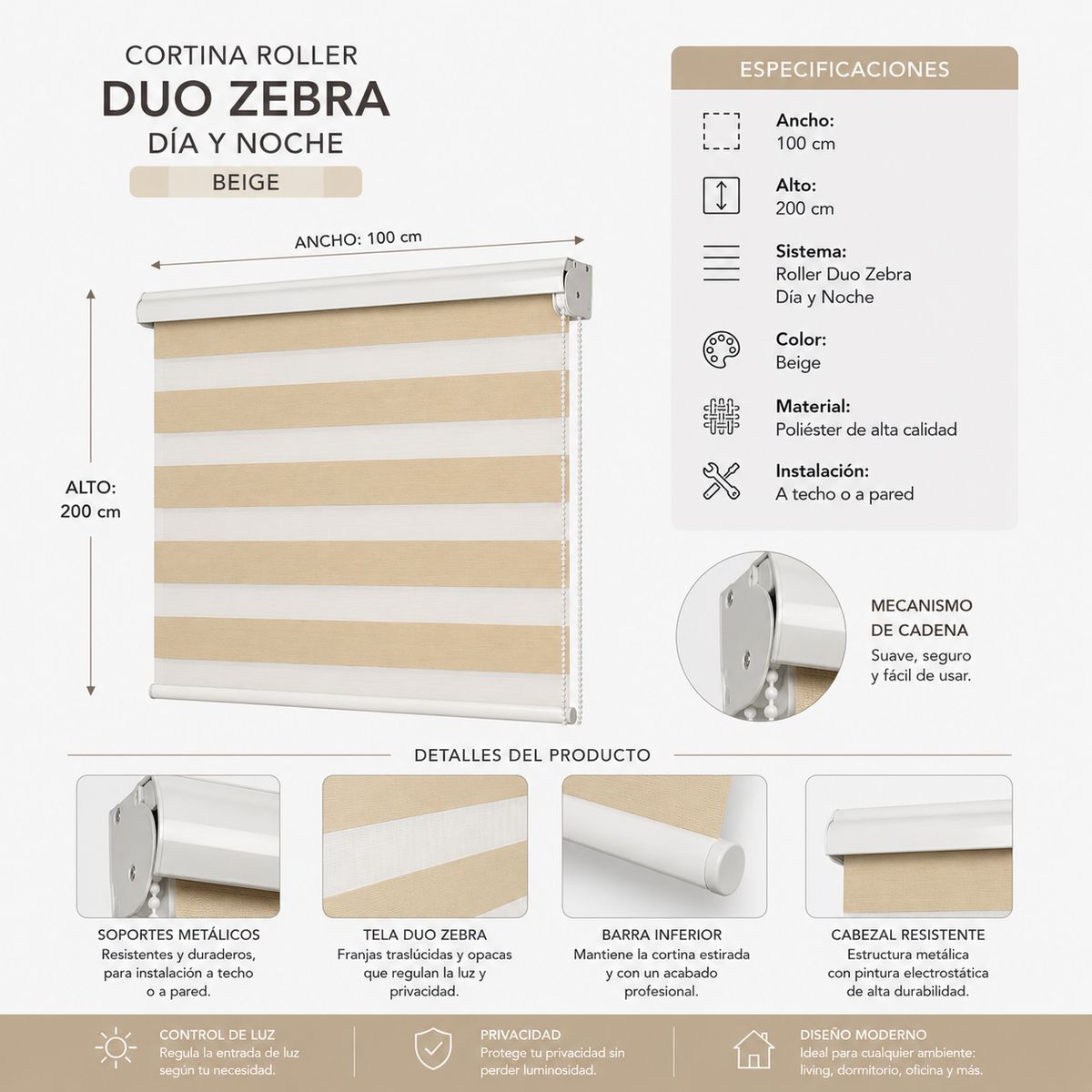 GENERICO - Cortina Roller Día Y Noche Duo Zebra Beige 100x200cm