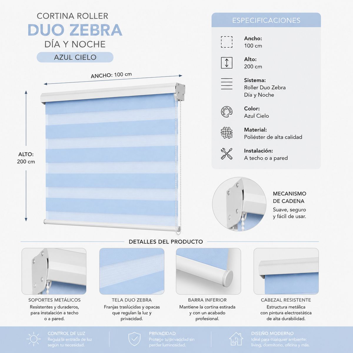 GENERICO - Cortina Roller Día Y Noche Duo Zebra Celeste 100x200cm