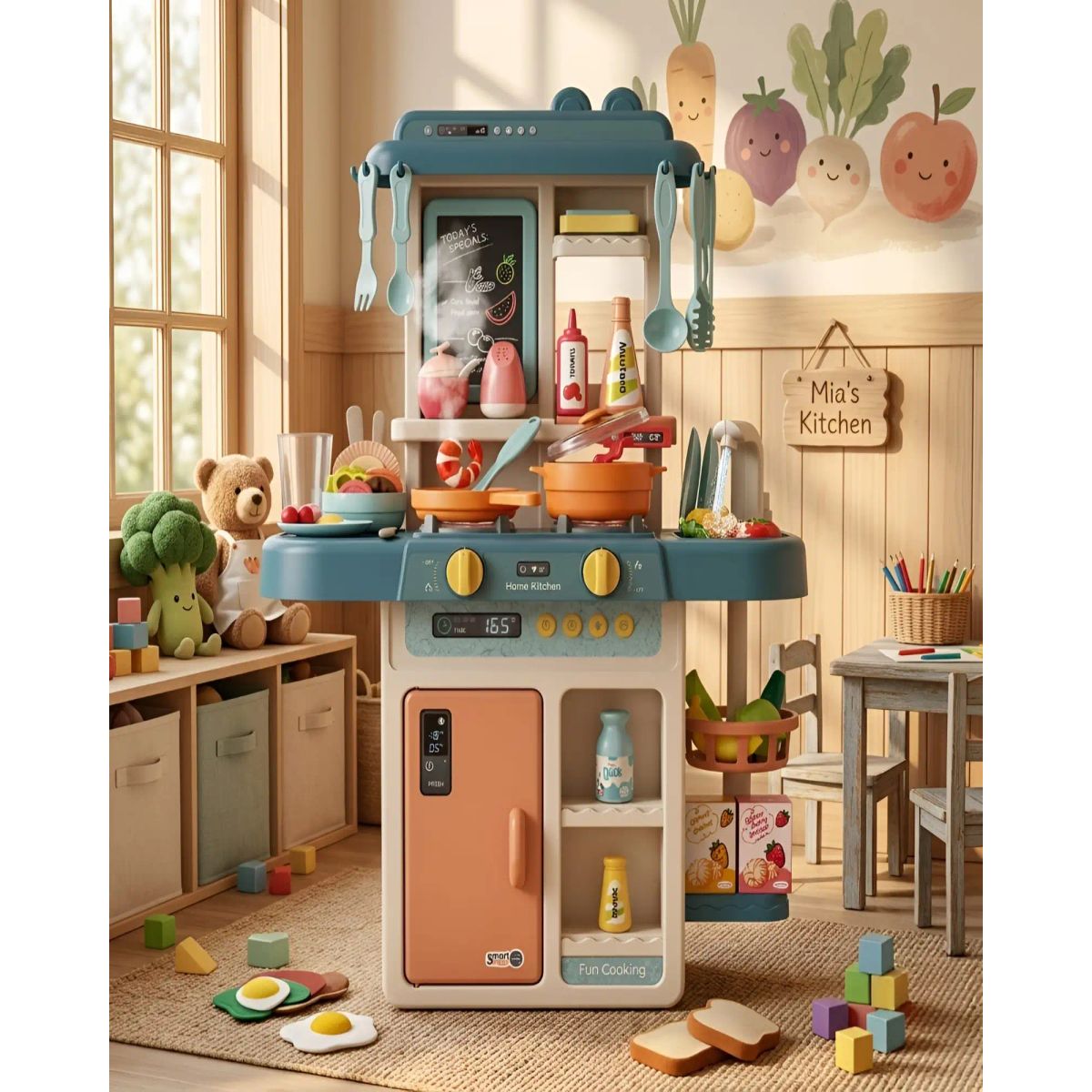 GENERICO - Cocina de Juguete Infantil 55 Piezas con Luz Sonido y Agua 63 cm Azul