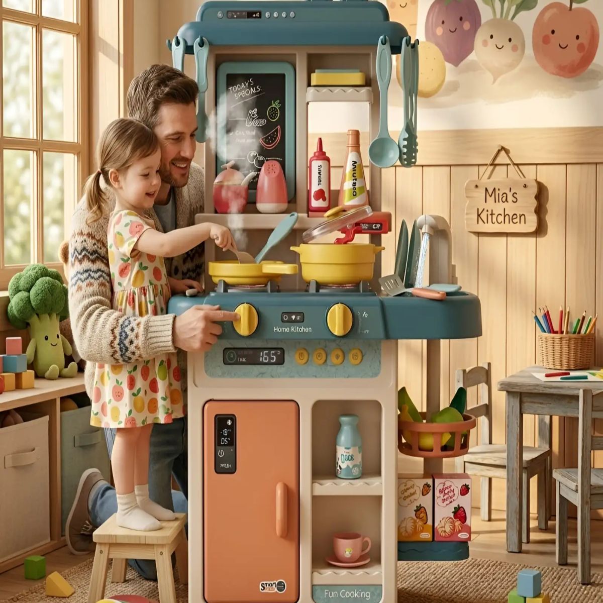 GENERICO - Cocina de Juguete Infantil 55 Piezas con Luz Sonido y Agua 63 cm Azul