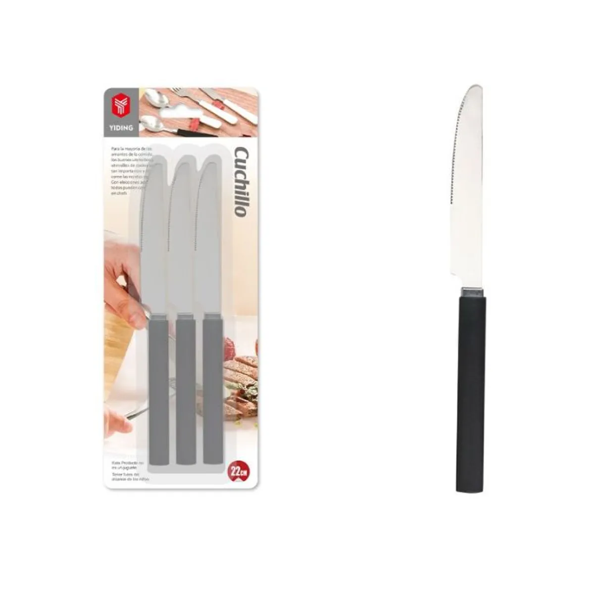 GENERICO - Set De Cuchillos De Mesa Con Mango Negro - 22cm, 3 PCS