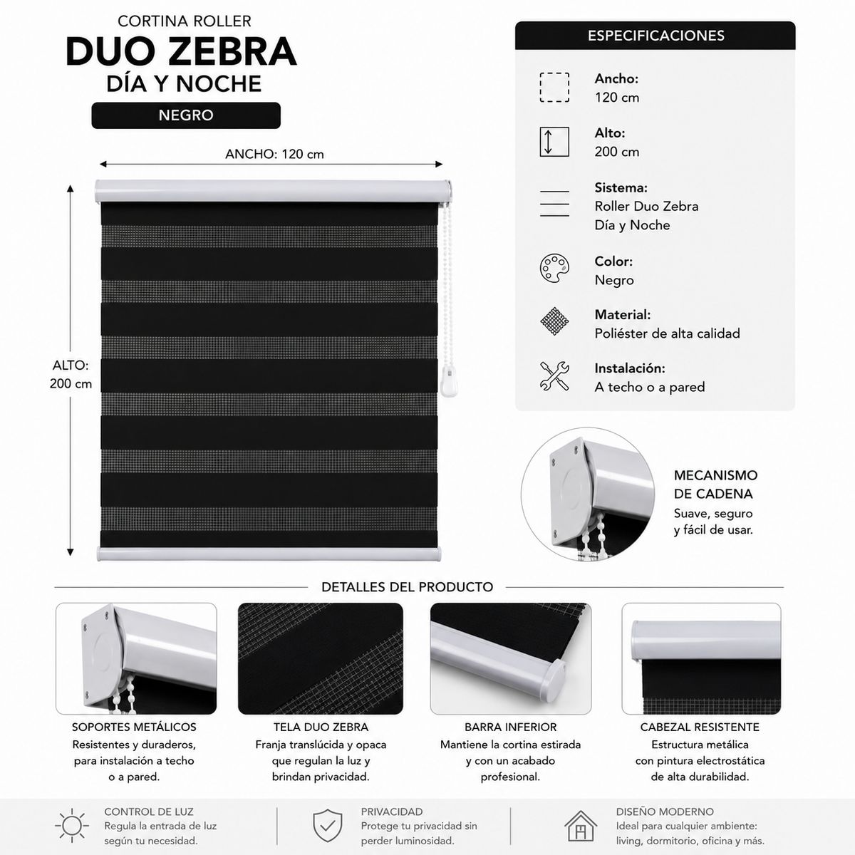 GENERICO - Cortina Roller Día Y Noche Duo Zebra Negro 120x200cm