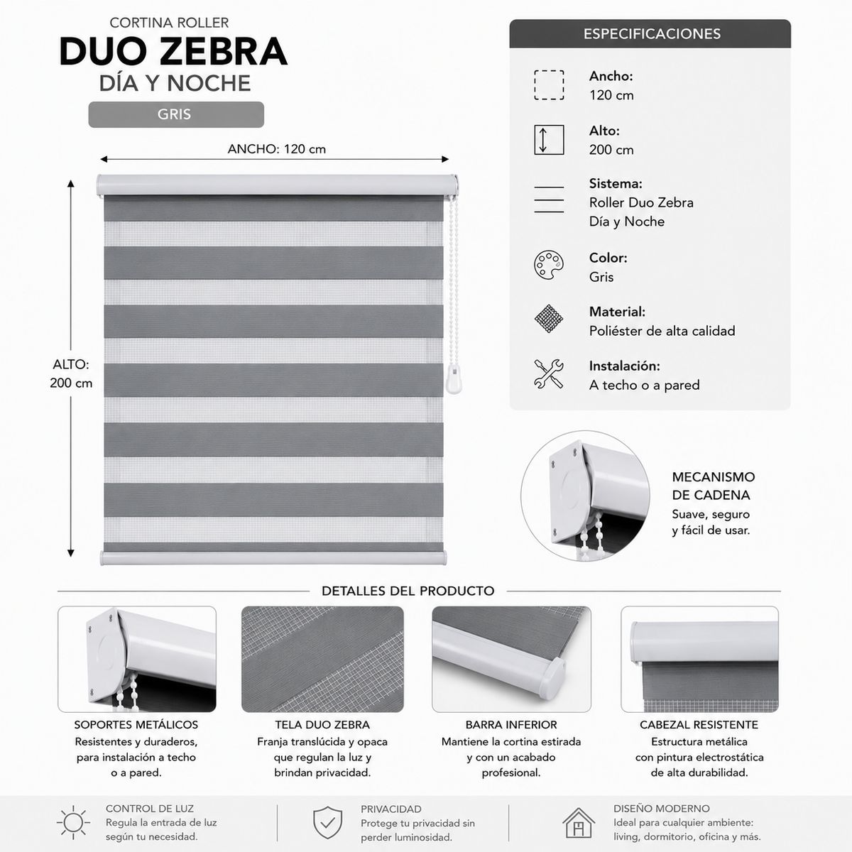 GENERICO - Cortina Roller Día Y Noche Duo Zebra Gris 120x200cm