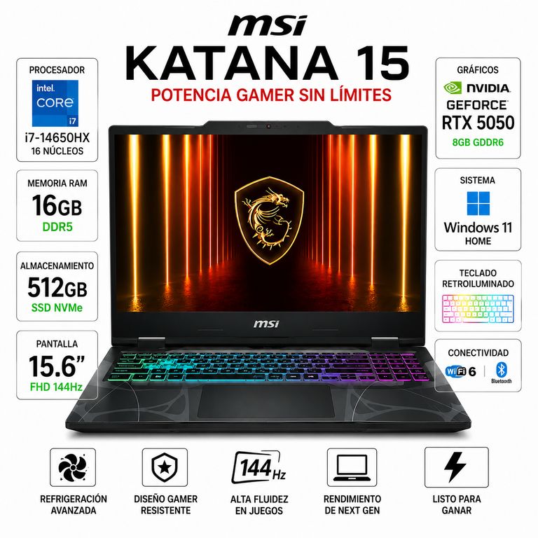 Notebook Gamer Katana 15 RTX 5050 8GB Intel Core i7 16GB 512GB SSD 144Hz Win11