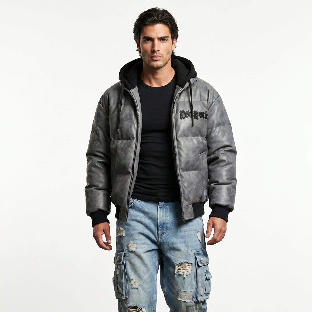 D'JOE - Chaqueta Parca Ecocuero Impermeable Hombre New York