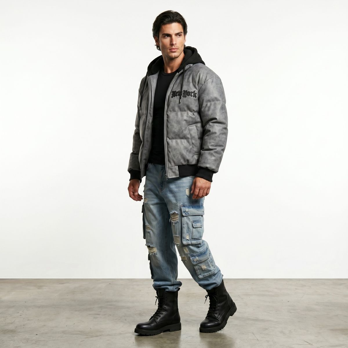 D'JOE - Chaqueta Parca Ecocuero Impermeable Hombre New York
