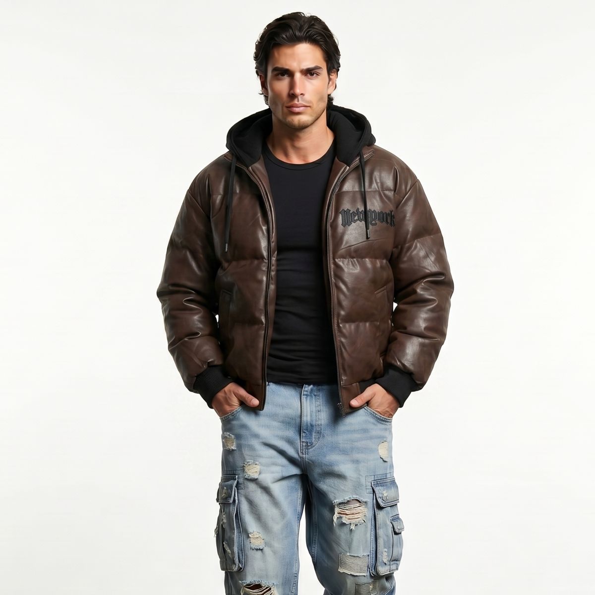 D'JOE - Chaqueta Parca Ecocuero Impermeable Hombre New York