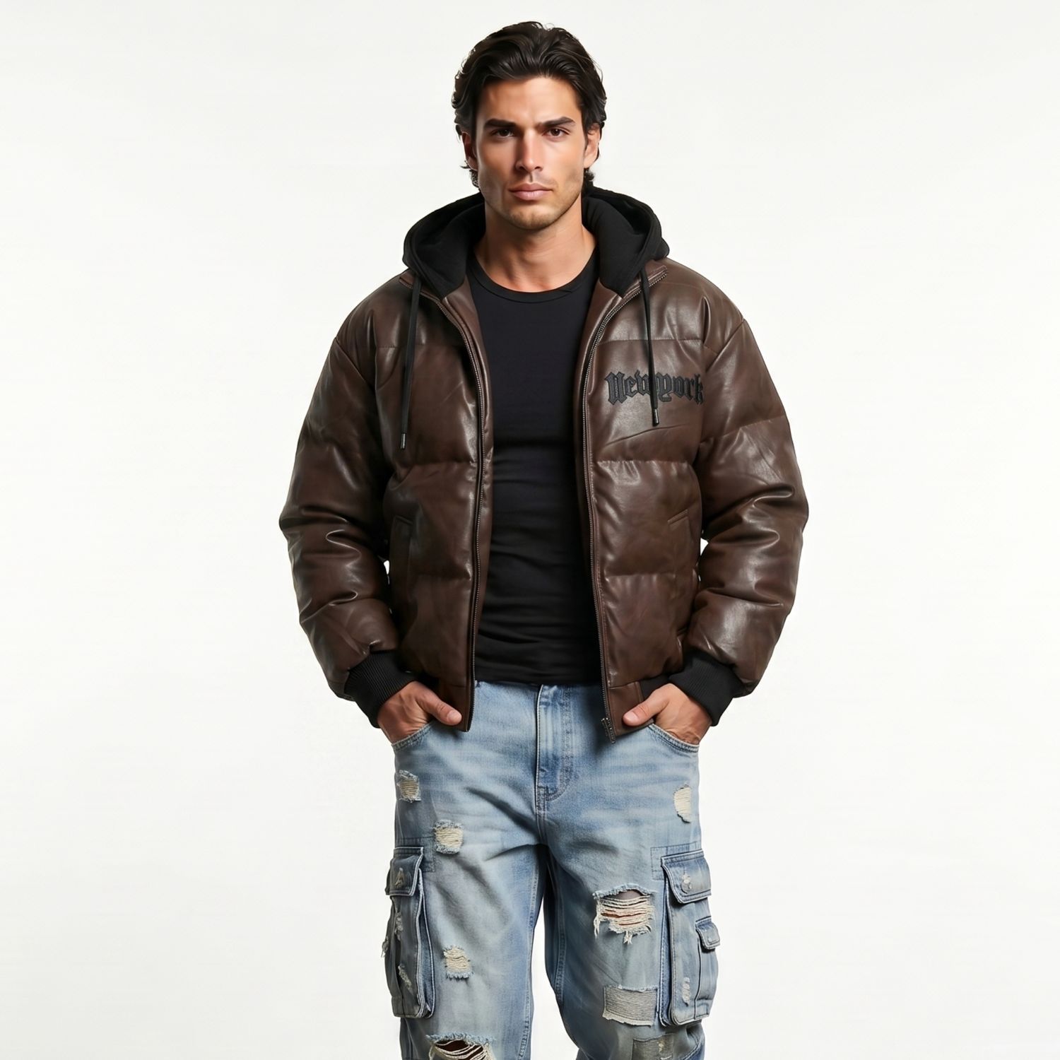 D'JOE Chaqueta Parca Ecocuero Impermeable Hombre New York