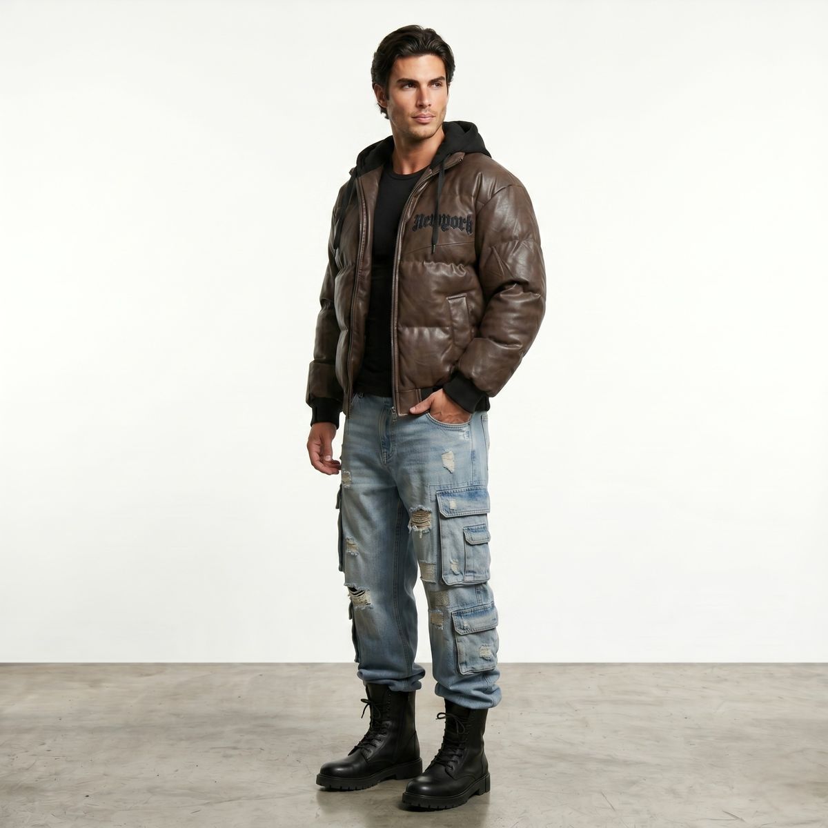 D'JOE - Chaqueta Parca Ecocuero Impermeable Hombre New York