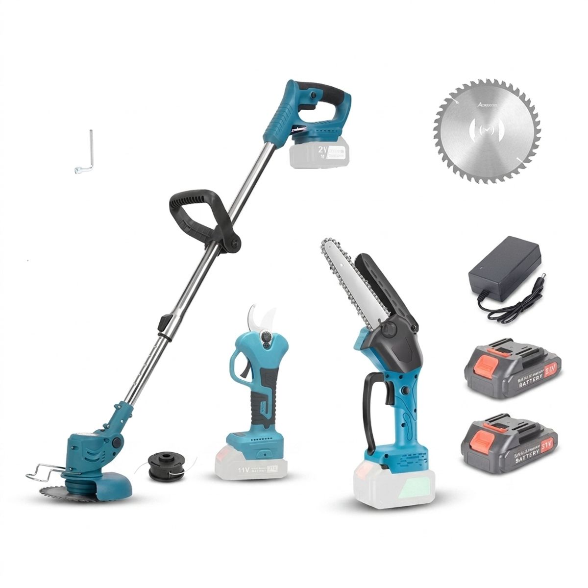 MOVI - SET DE JARDIN 3 EN 1, CORTADORA, DE CESPED, TIJERA PODAR Y MINI MOTOSIERRA