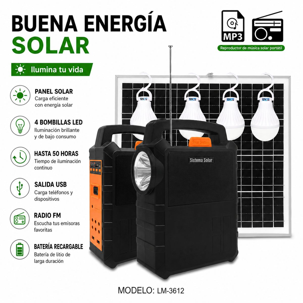 MOVI - Kit solar de emergencia con iluminación y radio FM