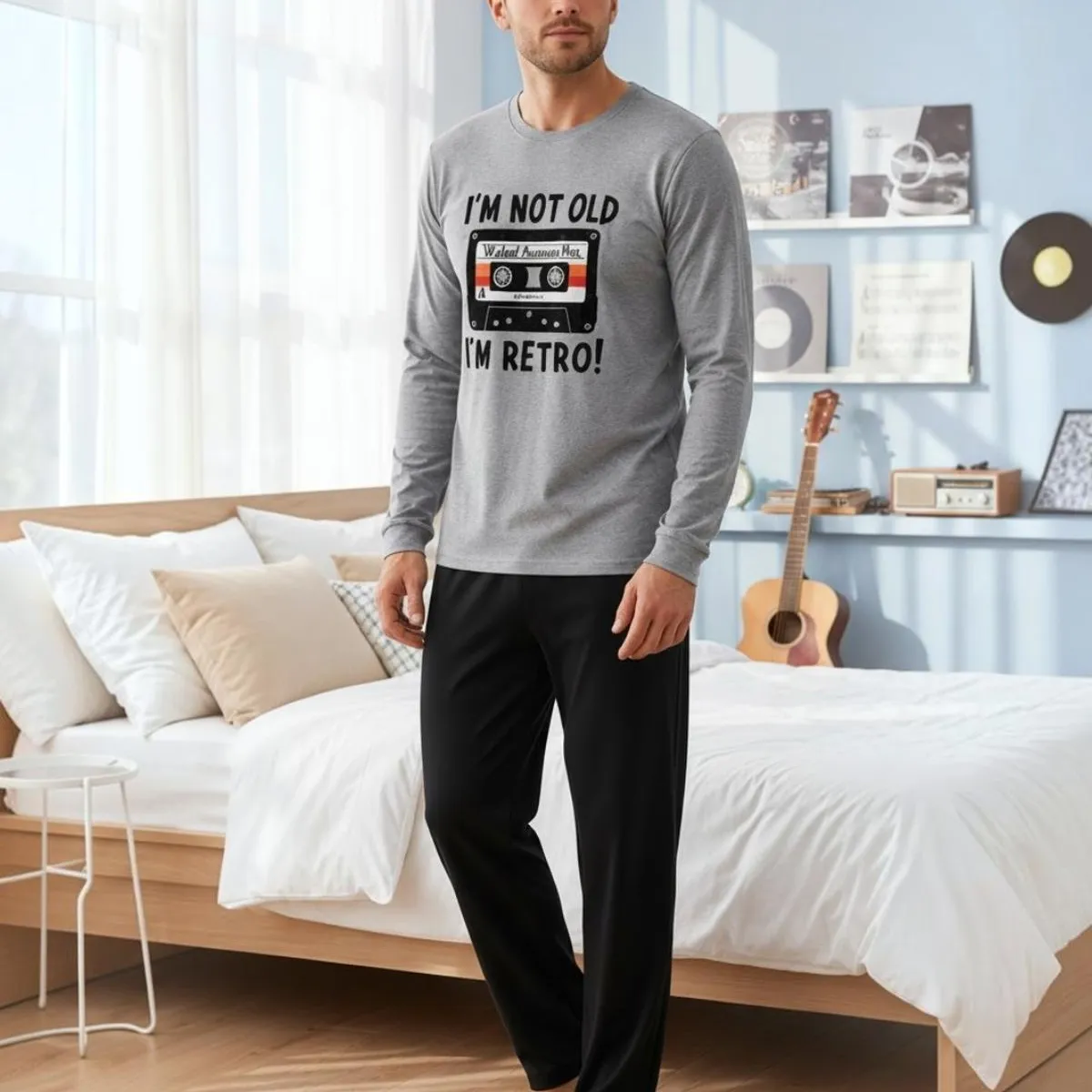 KOWHAI - Pijama Hombre Algodón Estampado Retro Music