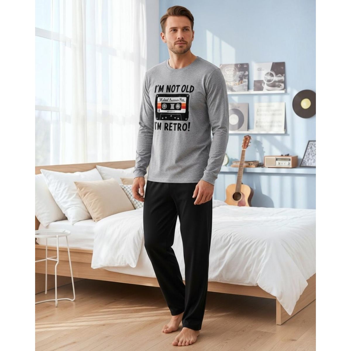 KOWHAI - Pijama Hombre Algodón Estampado Retro Music