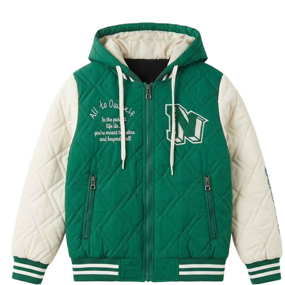 KIBOU - Chaqueta Varsity Bomber Acolchada Capucha Urbana Desmontable
