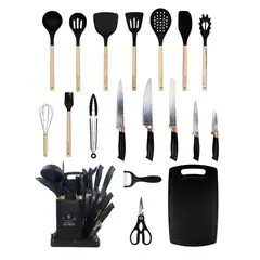 YOLIKITCHEN - Set Cocina 19 Pzs Utensilios Silicona Madera Cuchillos Tabla Soporte Negro Premium