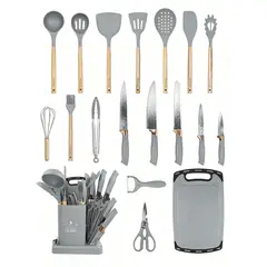 YOLIKITCHEN - Set Cocina 19 Pzs Utensilios Silicona Madera Cuchillos Tabla Soporte Gris