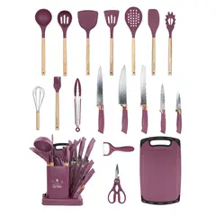 YOLIKITCHEN - Set Cocina 19 Pzs Utensilios Silicona Madera Cuchillos Tabla Soporte Borgonia