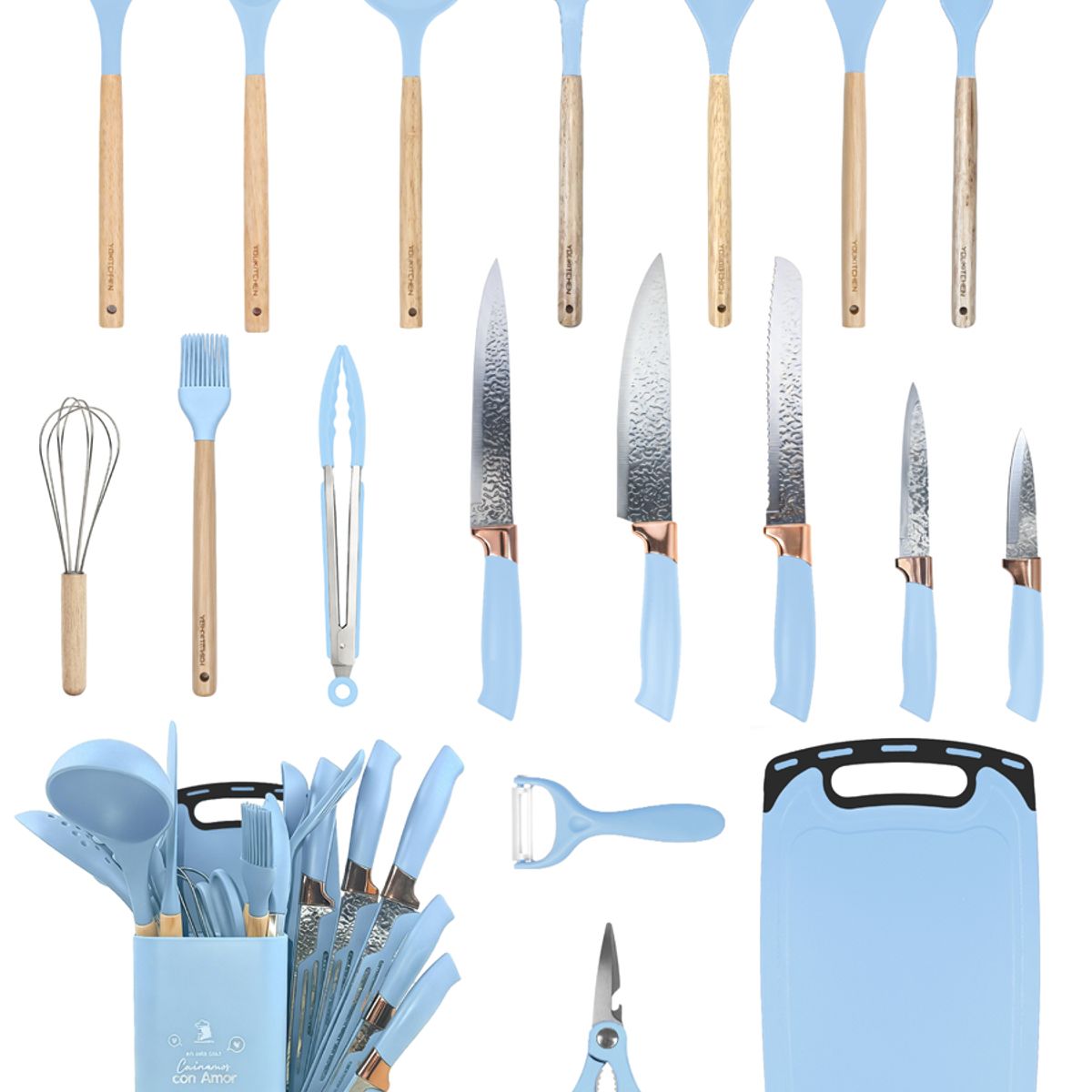 YOLIKITCHEN - Set Cocina 19 Pzs Utensilios Silicona Madera Cuchillos Tabla Soporte Azul Cielo