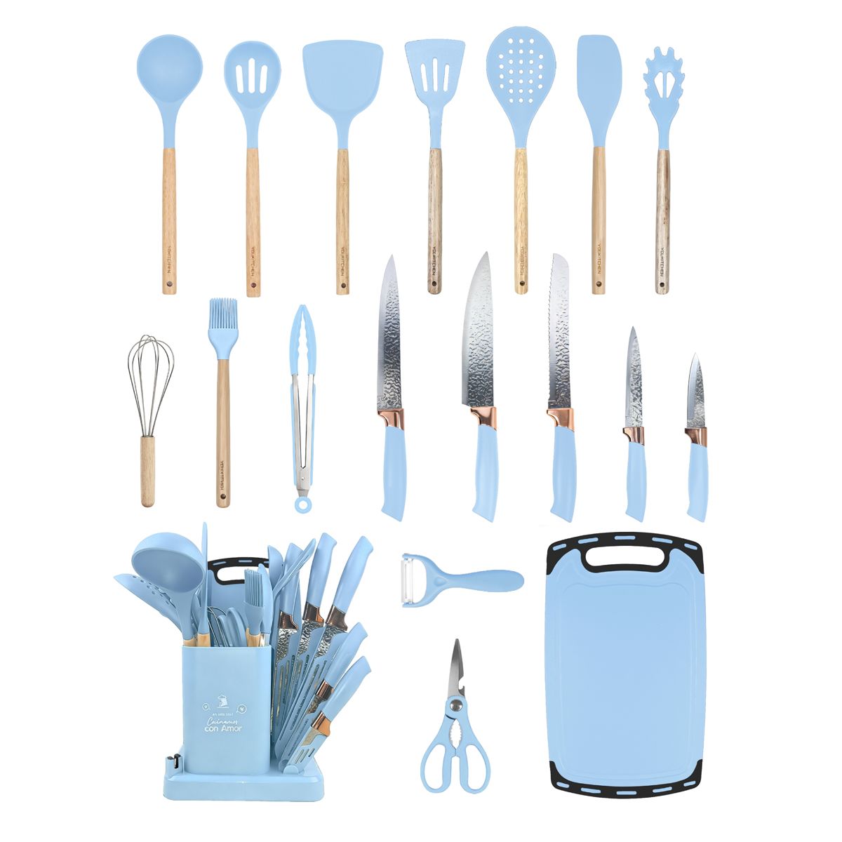 YOLIKITCHEN - Set Cocina 19 Pzs Utensilios Silicona Madera Cuchillos Tabla Soporte Azul Cielo