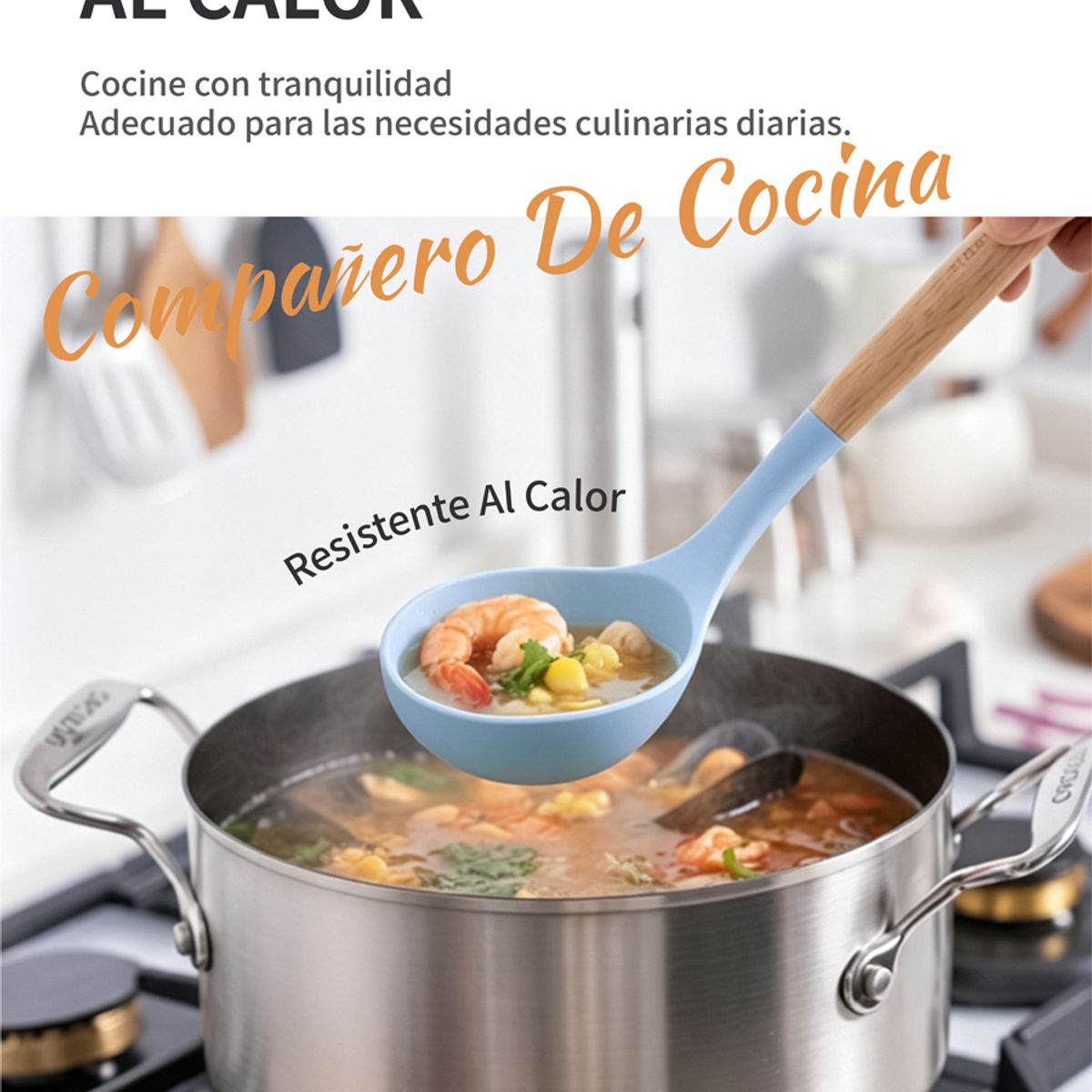 YOLIKITCHEN - Set Cocina 19 Pzs Utensilios Silicona Madera Cuchillos Tabla Soporte Azul Cielo