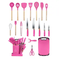 YOLIKITCHEN - Set Cocina 19 Pzs Utensilios Silicona Madera Cuchillos Tabla Soporte Fucsia