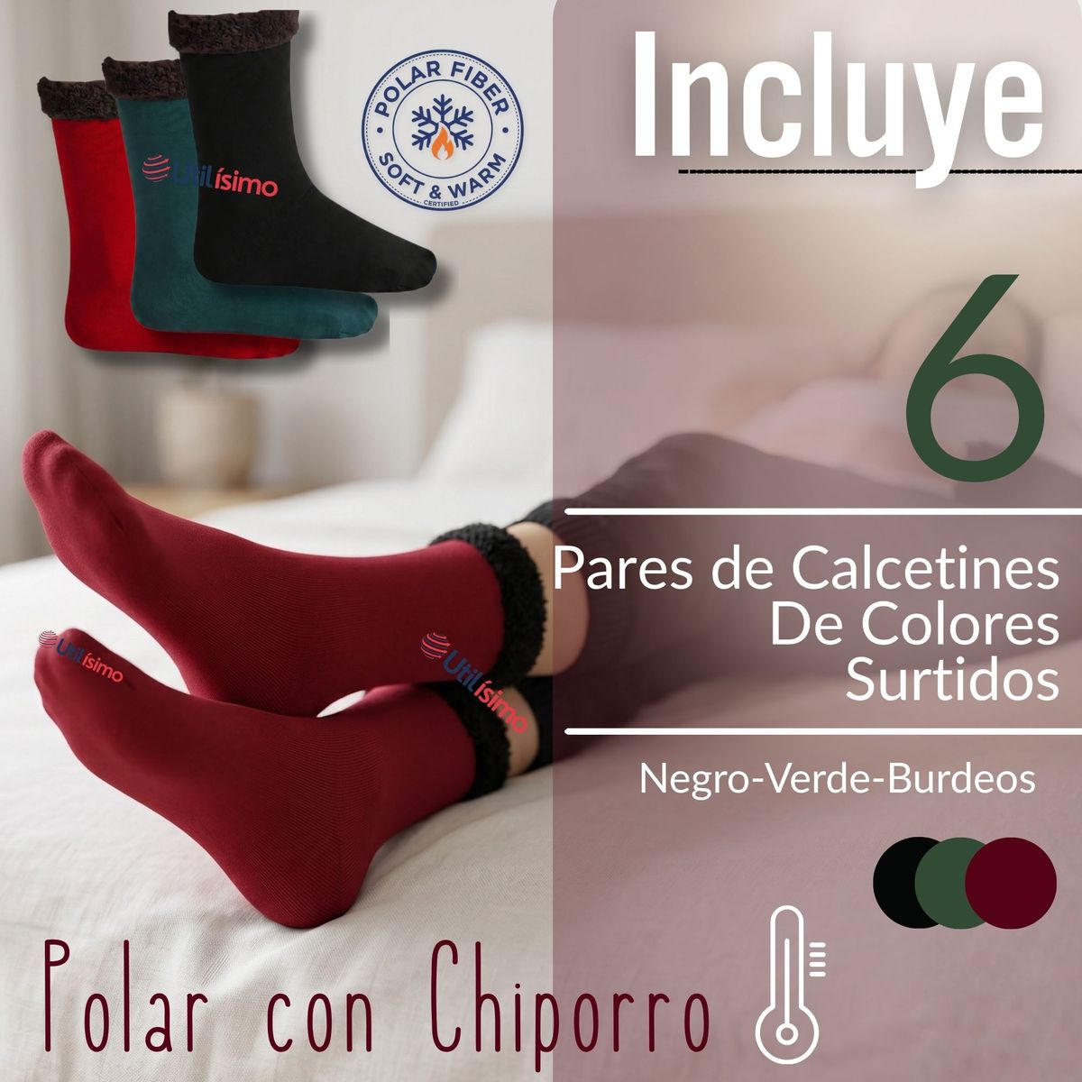UTILISIMO - Pack 6 Calcetínes Chiporro Mujer Ultra Térmico Invierno Polar Surtido Unicolor