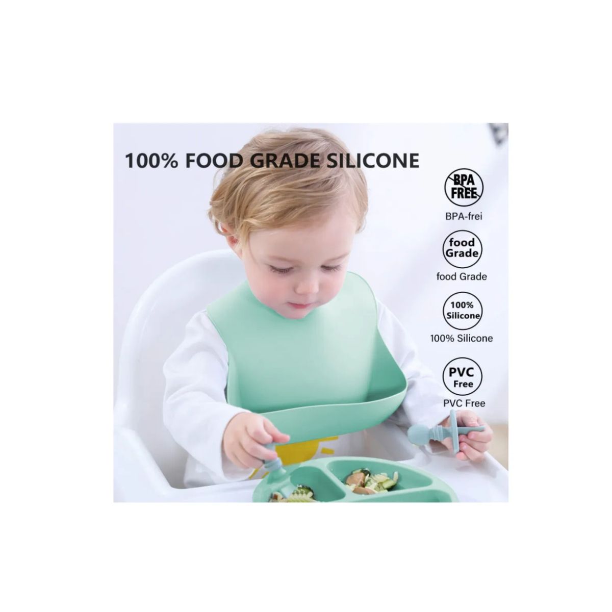 GENERICO - Set De Alimentación 4 Pzs Para Bebe Silicona Anti-deslizante Celeste