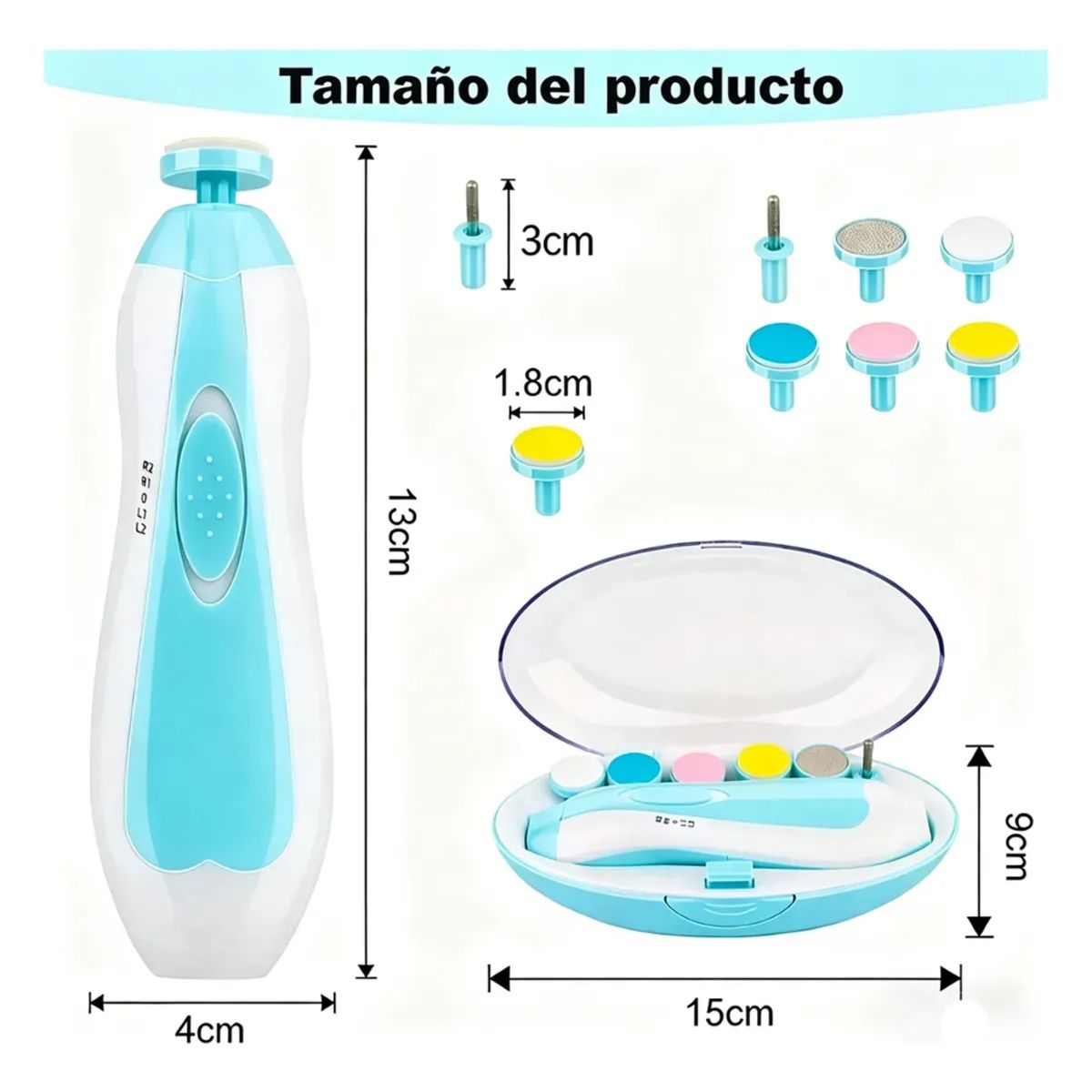 GENERICO - Lima de Uñas Eléctrica para Bebé con Luz LED y 6 Cabezales - Celeste