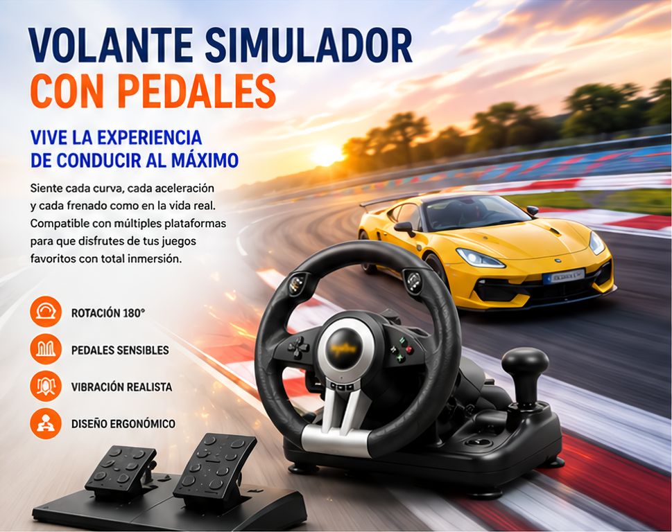 MOVI Volante de carreras para PC, USB universal de 180 grados con pedales