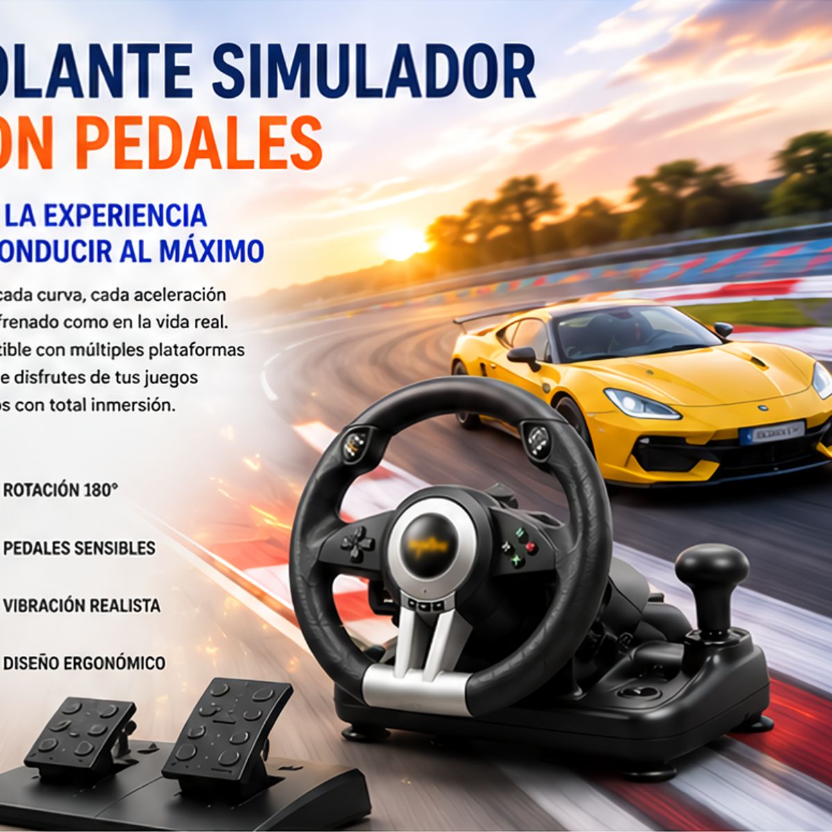 MOVI - Volante de carreras para PC, USB universal de 180 grados con pedales