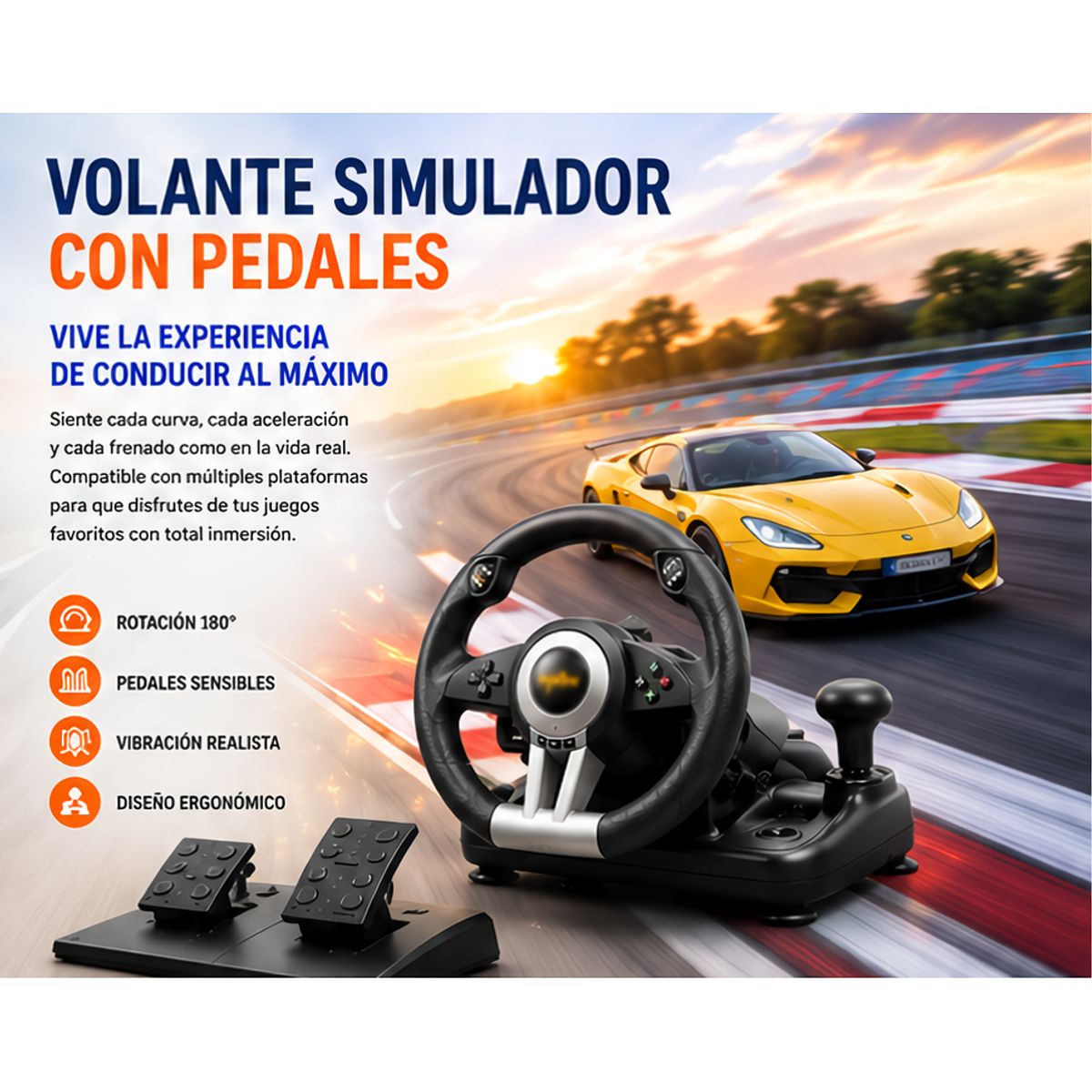 MOVI - Volante de carreras para PC, USB universal de 180 grados con pedales