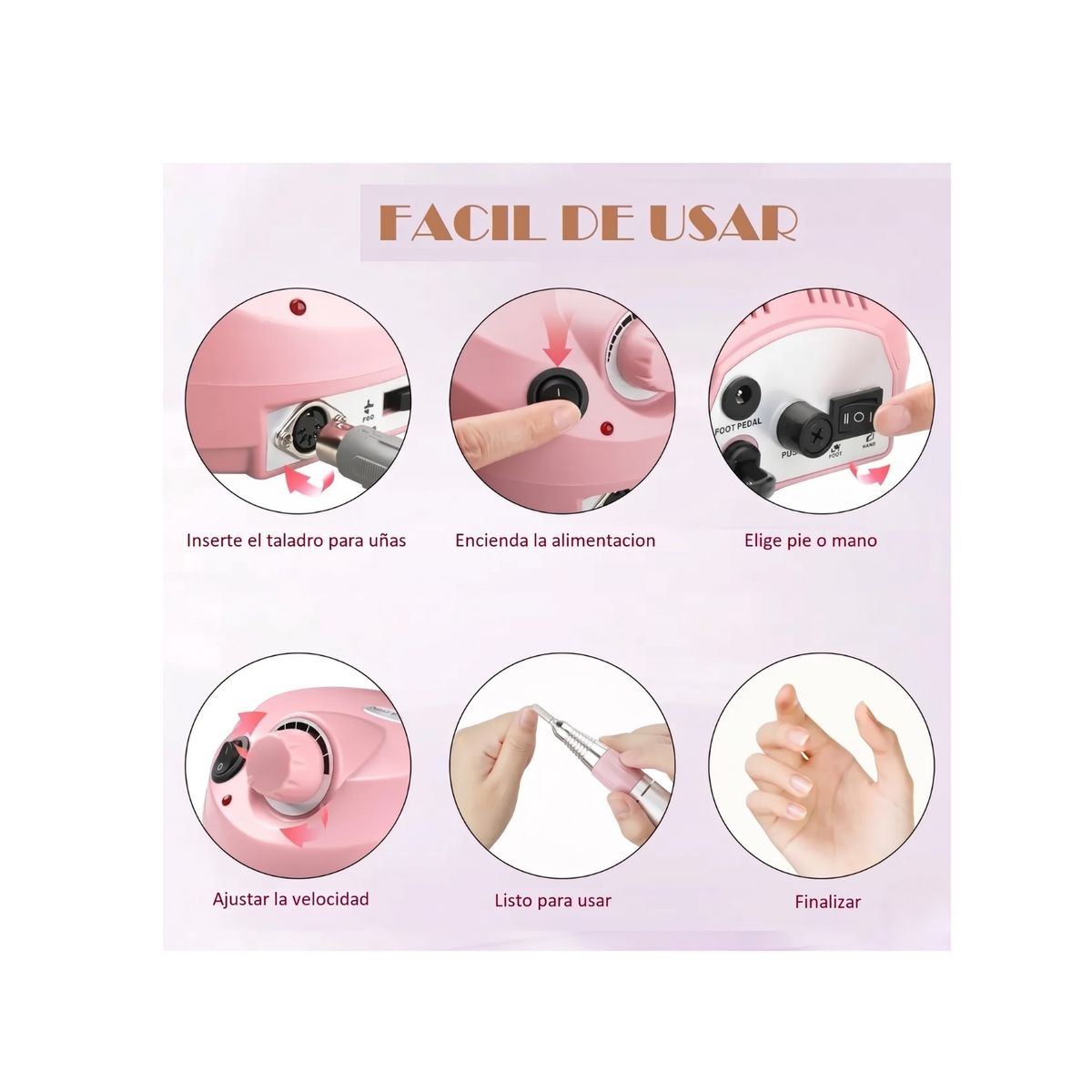 GENERICO - Torno Manicure y Pedicura Profesional 30.000 RPM + Pedal Rosa