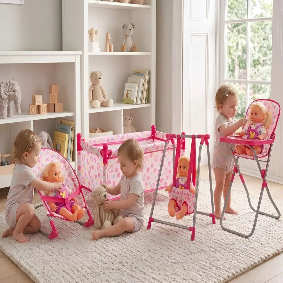GENERICO - Set 4 en 1 Juguete para Muñecas con Cuna, Silla, Columpio y Hamaca