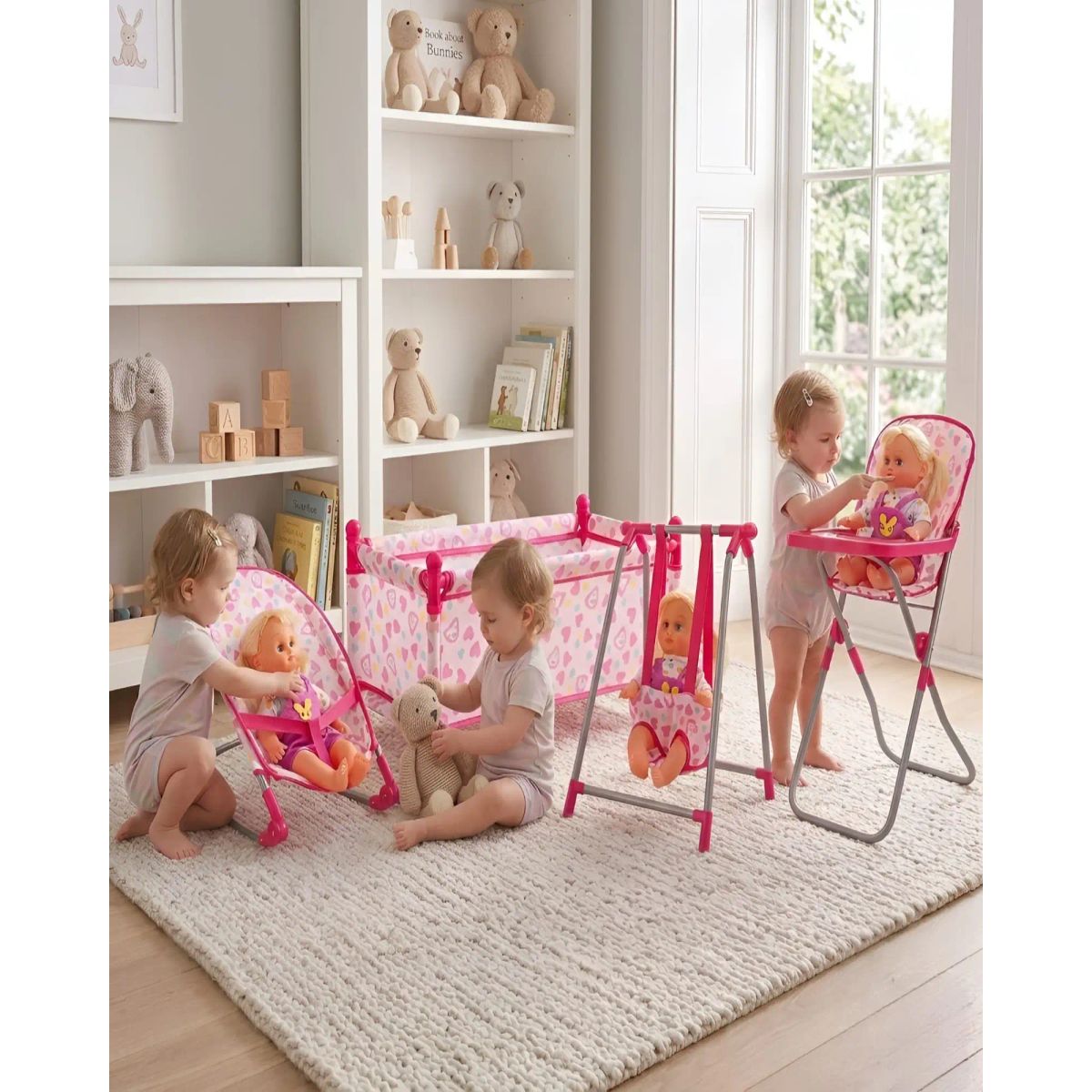 GENERICO - Set 4 en 1 Juguete para Muñecas con Cuna, Silla, Columpio y Hamaca
