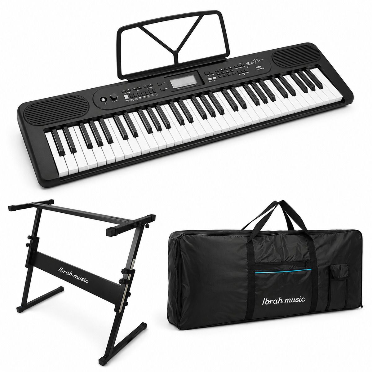 IBRAH - Pack Teclado Musical Midi Sunstein 61 Teclas Ibrah Piano + Funda + Atril Color Negro