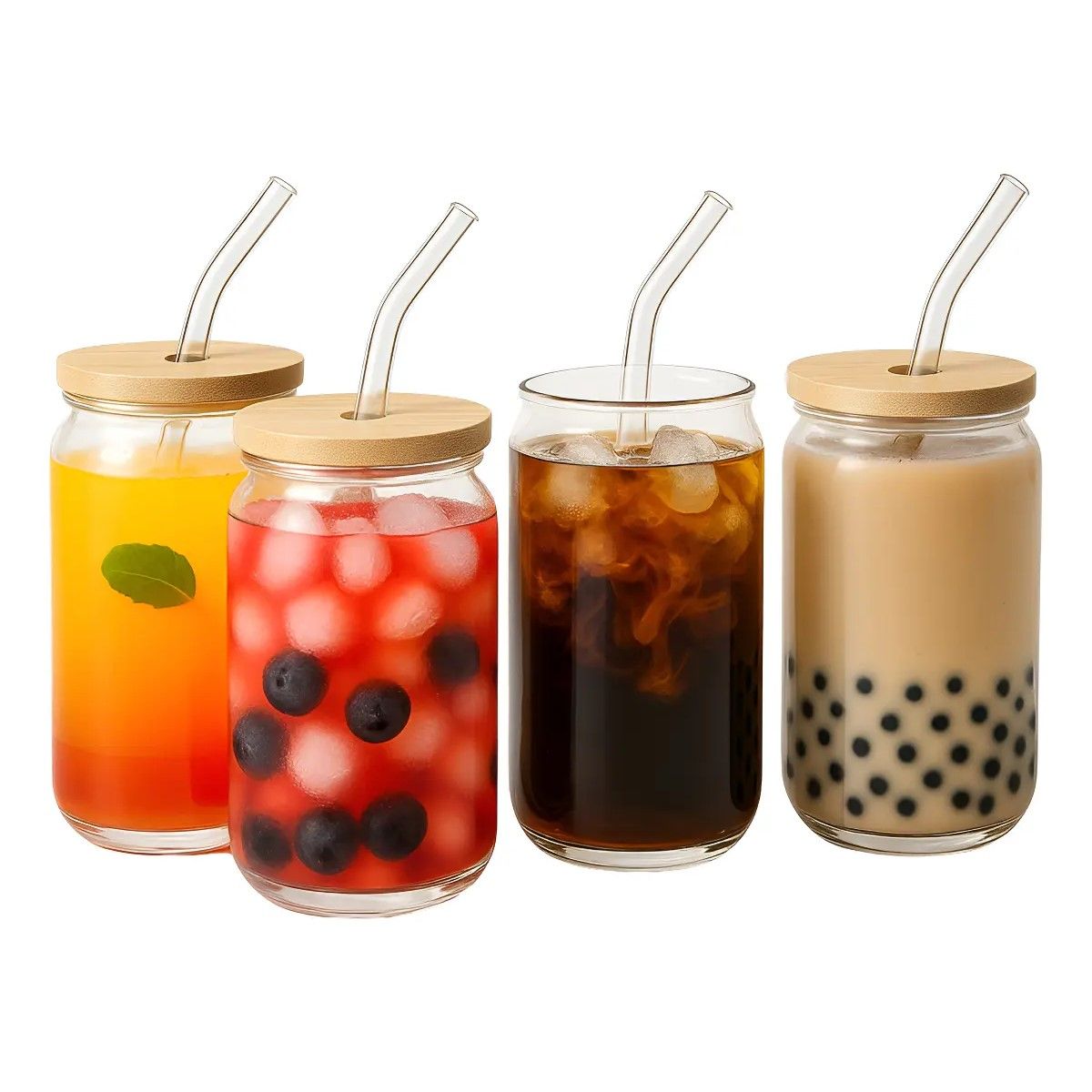 GENERICO - 4 Vasos Lata Vidrio Reutilizable Tapa Bambu + Bombilla 550ml Color Transparente BELUG