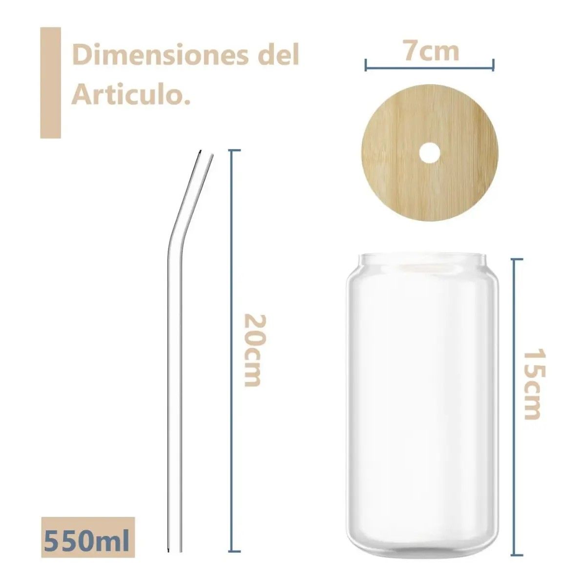 GENERICO - 4 Vasos Lata Vidrio Reutilizable Tapa Bambu + Bombilla 550ml Color Transparente BELUG
