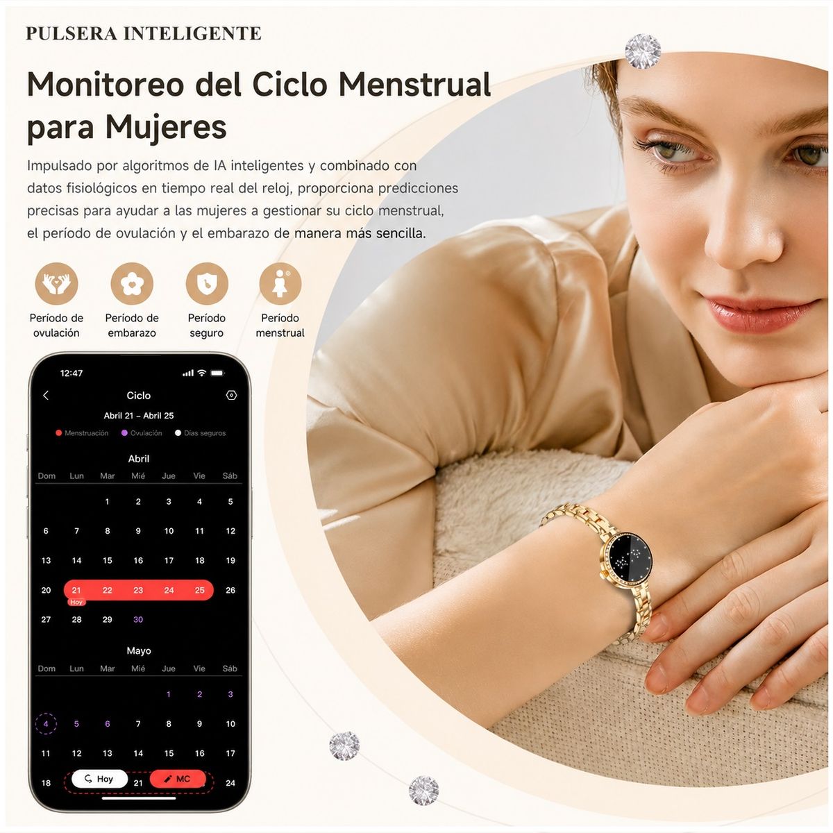 STARTECHOFFICE - Pulsera Inteligente L6 Mujer IP67 Monitoreo de Salud, Cadena Metálica Elegante, Control por Gestos