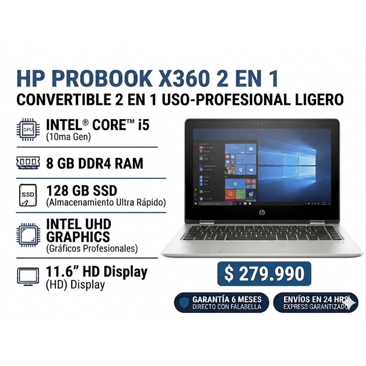HP - Notebook Reacondicionado 2 en 1 Touch Intel Core i5 10ma Gen 8Gb Ram 128Gb Ssd Garantia 6 Meses