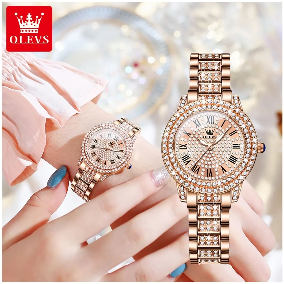 GENERICO - Reloj Femenino Elegante con Cristales Incrustados y Correa de Acero Inoxidable, Movimiento Cuarzo