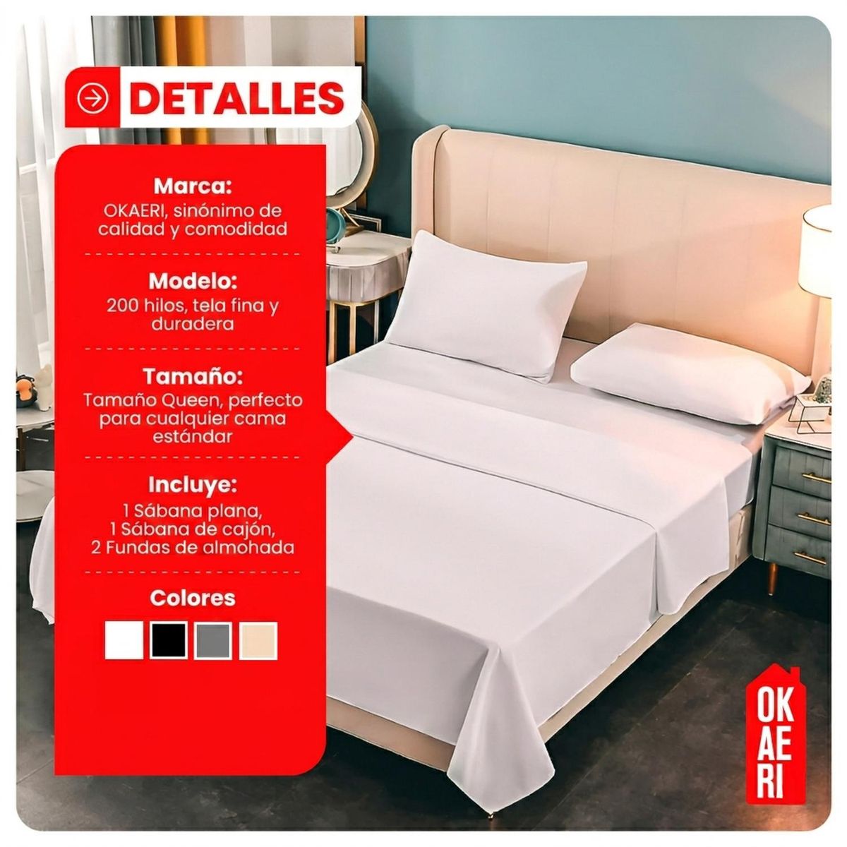 OKAERI - JUEGO DE SABANAS QUEEN 150X200 CM OKAERI - Blanco - 2 PLAZAS